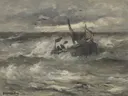 In gevaar van Hendrik Willem Mesdag: zee met storm, golven, vissersboot en schuim, in donkergrijs en wit