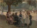 In the Bois de Boulogne near Paris van Isaac Israels: figuren met park, bomen, mensen en wandelaars, in gedempt groen en bruin