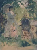 In the Garden, attributed to , about 1885, from the Hood Museum of Art P.973.1 van Berthe Morisot: figuren met vrouw, parasol, tuin en man, in zacht groen en blauw