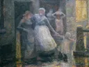 In the Nes 1889 van Jan Toorop: figuren met vrouwen, witte jurken, water en avond, in donker blauw met wit