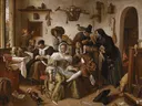 In Weelde Siet Toe van Jan Steen: figuren met herberg, chaos, kinderen en varken, in warm bruin