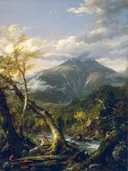 Indian Pass van Thomas Cole: landschap met bergen, bos, rotsen en dennen, in donkergroen en blauw