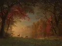 Indian Sunset: Deer by a Lake van Albert Bierstadt: landschap met herten, herfst, bomen en meer, in roodbruin en oranje