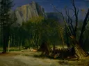 Indians in Council, California van Albert Bierstadt: landschap met bos, rotswand, tipis en kampvuur, in donkergroen en blauw