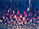 Abstract schilderij met het paletmes in indigo en fuchsia
