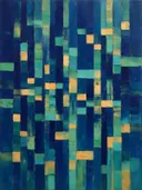 Abstract schilderij met het paletmes in indigo en jade