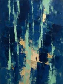 Abstract schilderij met het paletmes in indigo en mint