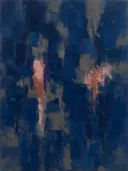 Abstract schilderij met het paletmes in indigo en oud roze