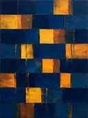 Indigo en saffraan in banden en blokken, abstract schilderij met het paletmes