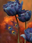 Schilderij van blauwe tulpen met pauwenveren en een vulkaan