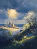 Landschapsschilderij, industriekade in bloesemtijd