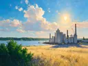 Landschapsschilderij, industriekade in hoogzomer