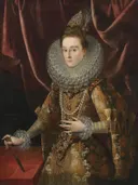 Infanta Isabella Clara Eugenia of Spain van Juan Pantoja de la Cruz: portret met vrouw, kanten kraag, parels en gordijn, in goud, rood en wit