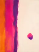 Abstract schilderij, ingezogen banen aan de linkerrand in vol magenta