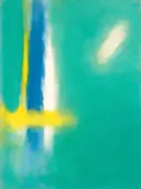 Abstract schilderij, ingezogen banen aan de linkerrand in vol turquoise
