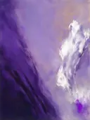 Abstract schilderij, ingezogen banen aan de rechterrand in lila en zilver