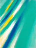 Abstract schilderij, ingezogen banen aan de rechterrand in vol turquoise
