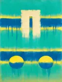 Abstract schilderij, ingezogen banen in het midden in vol turquoise