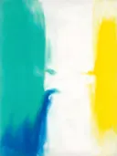 Abstract schilderij, ingezogen banen in twee massa's in vol turquoise
