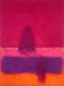 Abstract schilderij, ingezogen banen laag in beeld in vol magenta