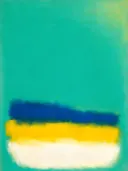 Abstract schilderij, ingezogen banen laag in beeld in vol turquoise