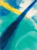 Abstract schilderij, ingezogen banen op de diagonaal in vol turquoise