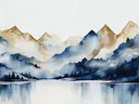 Inktwas berglandschap in blauw en goud