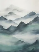 Inktschilderij van blauwgrijze bergtoppen in mist met een groene ondertoon.