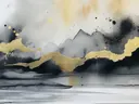 Inktbergketen met goud en spatten, landschap schilderij