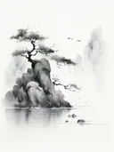Inktschets van rotseiland met pijnboom en vliegende vogels boven water.