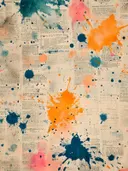 Abstract schilderij met verspreide inktspatten in blauw en oranje op vergeeld krantenpapier