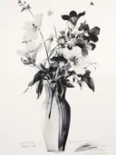 Zwart-wit inkttekening van een boeket bloemen in een slanke vaas.