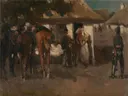 Inkwartiering van George Hendrik Breitner: figuren met soldaten, paarden, boerderij en erf, in warm bruin en wit