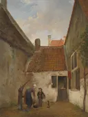 Inner Courtyard van Andreas Schelfhout: stad met binnenplaats, huis, vrouw en kind, in warm bruin met grijs