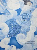 Surrealistische illustratie van een vrouw gehuld in blauw-witte golvende stof met de tekst I have found my inner peace.