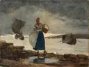 Inside the Bar van Winslow Homer: figuren met vrouw, strand, boten en kust, in gedempt grijs en blauw