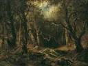 Inside the Forest van Narcisse Virgilio Díaz: landschap met bos, bomen, onderhout en schemer, in donkergroen en bruin