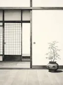 Monochroom interieur met shoji schuifdeuren en bamboetak in vaas.