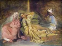 Intérieur de harem RF 3918 photo 2 van Théodore Chassériau: figuren met vrouwen, harem, kussens en gewaden, in roze, geel en bruin
