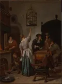 Interieur met een vrouw die een papegaai voert, beter bekend als ‘De papegaaienkooi’ van Jan Steen: figuren met papegaai, kooi, vrouw en kamer, in warm bruin met wit