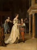 Interieur met een vrouw die haar handen wast van Eglon van der Neer: interieur met vrouw, satijnen jurk, kamer en dienstmeid, in warm bruin met wit