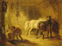 Interior of a Stable van James Ward: interieur met stal, paarden, wit paard en boer, in warm goudgeel en bruin