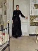 Interior van Ramon Casas: interieur met kamer, vrouw, deur en trapleuning, in gedempt wit en zwart