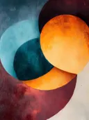Abstract schilderij met overlappende cirkels in teal en oranje