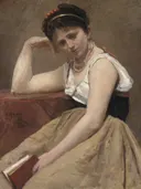Interrupted Reading van Jean-Baptiste-Camille Corot: portret met vrouw, boek, lezen en zittend, in warm bruin en wit
