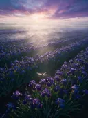 Landschapsfoto van iris bij de ochtendmist, met een libelle