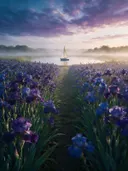 Landschapsfoto van iris bij de ochtendmist, met een zeilbootje