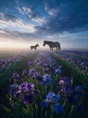 Landschapsfoto van iris bij de ochtendmist, met een merrie met haar veulen