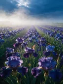 Landschapsfoto van iris bij de ochtendmist, met een vlinder op de bloemen