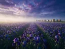 Landschapsfoto van iris bij de ochtendmist, met een rij bijenkorven